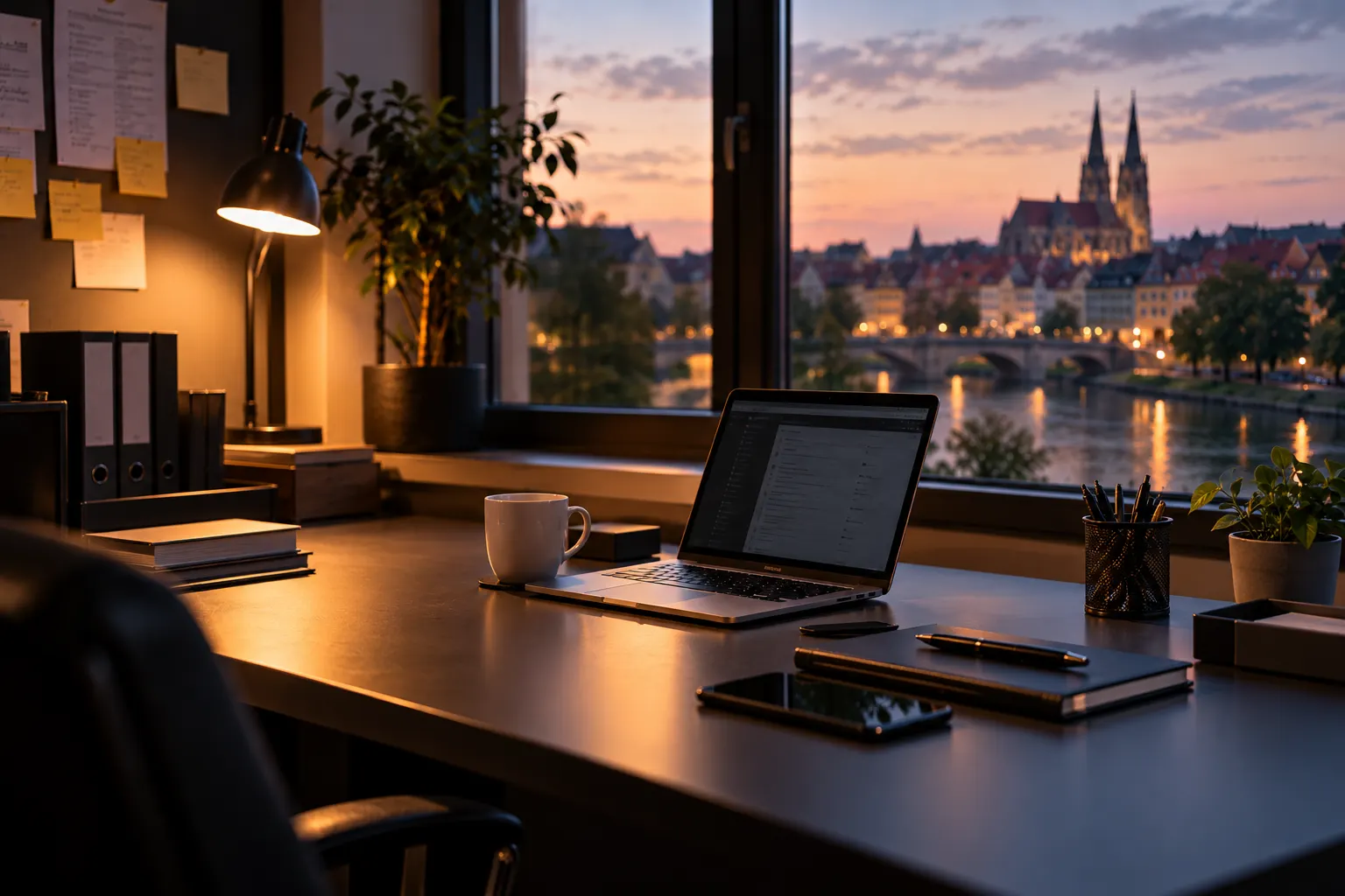Aufgeräumter Schreibtisch am Abend mit Blick auf Regensburg