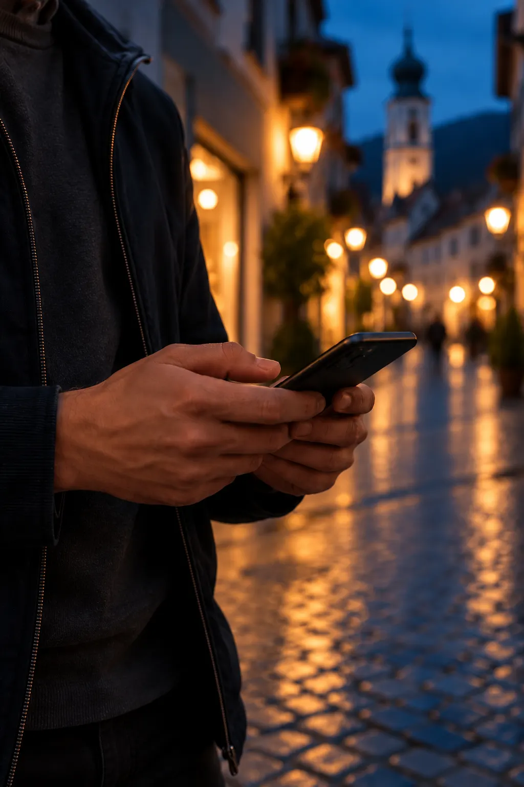 Hand hält ein Handy mit geöffneter Website, im Hintergrund eine Werkstatt